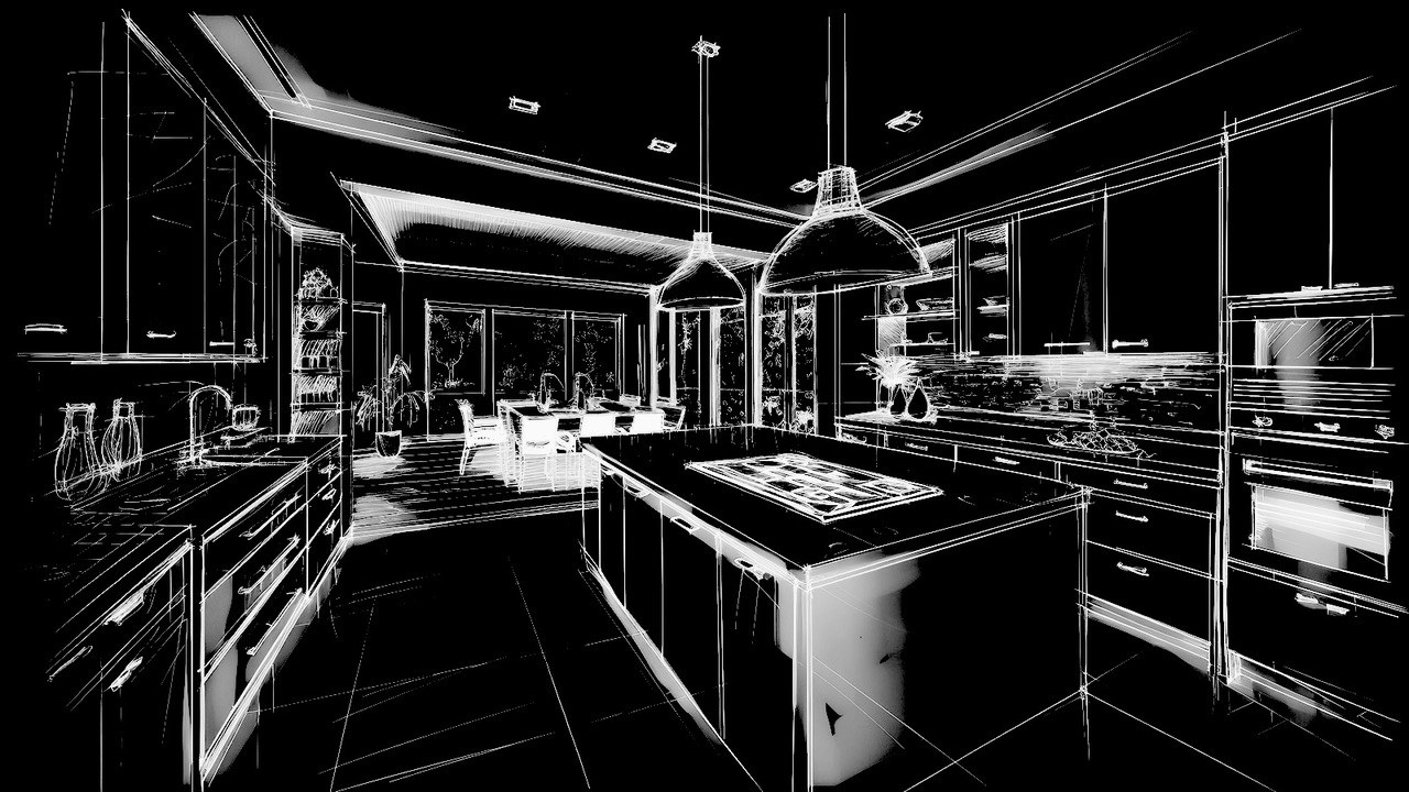 Architectural line sketch of a modern kitchen